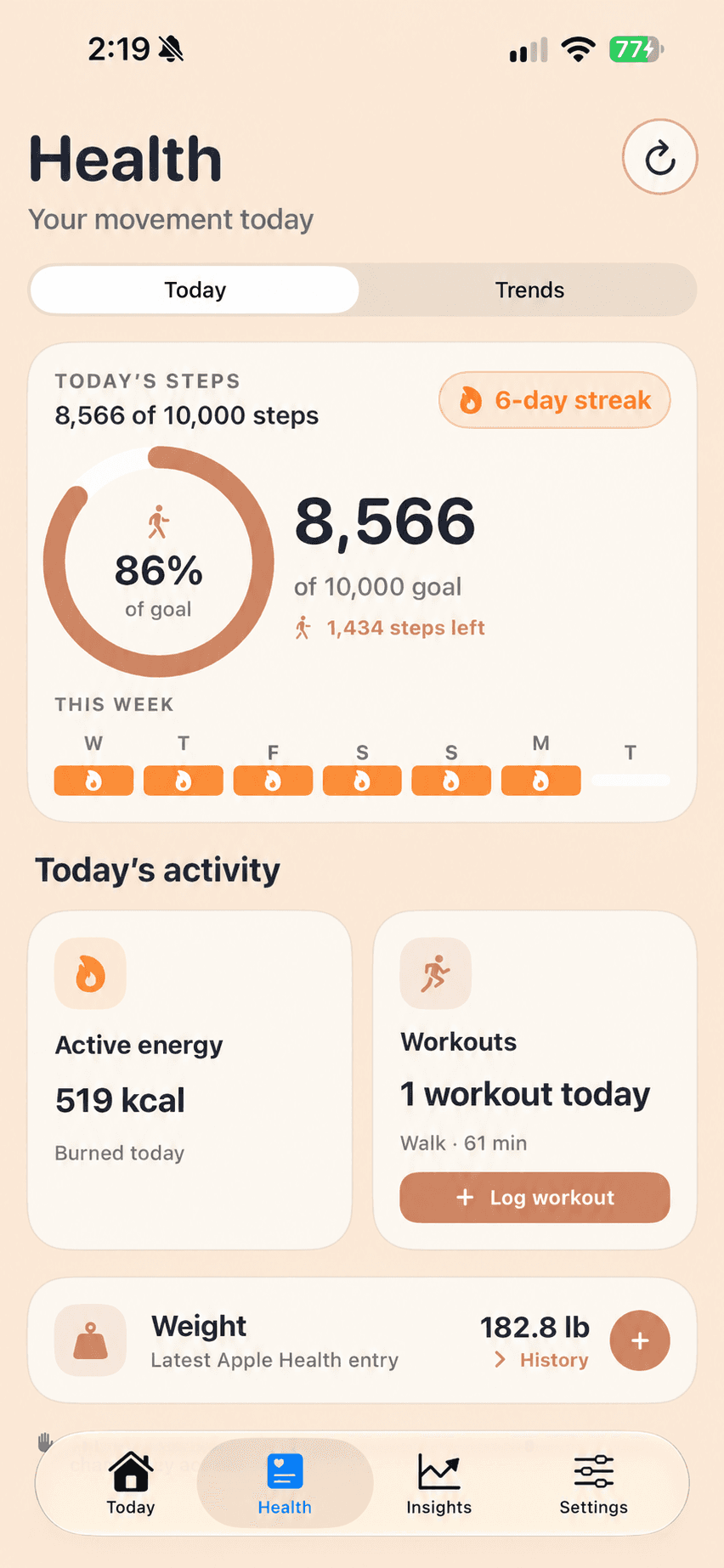 The Health screen showing daily steps, an activity streak, and workout progress
