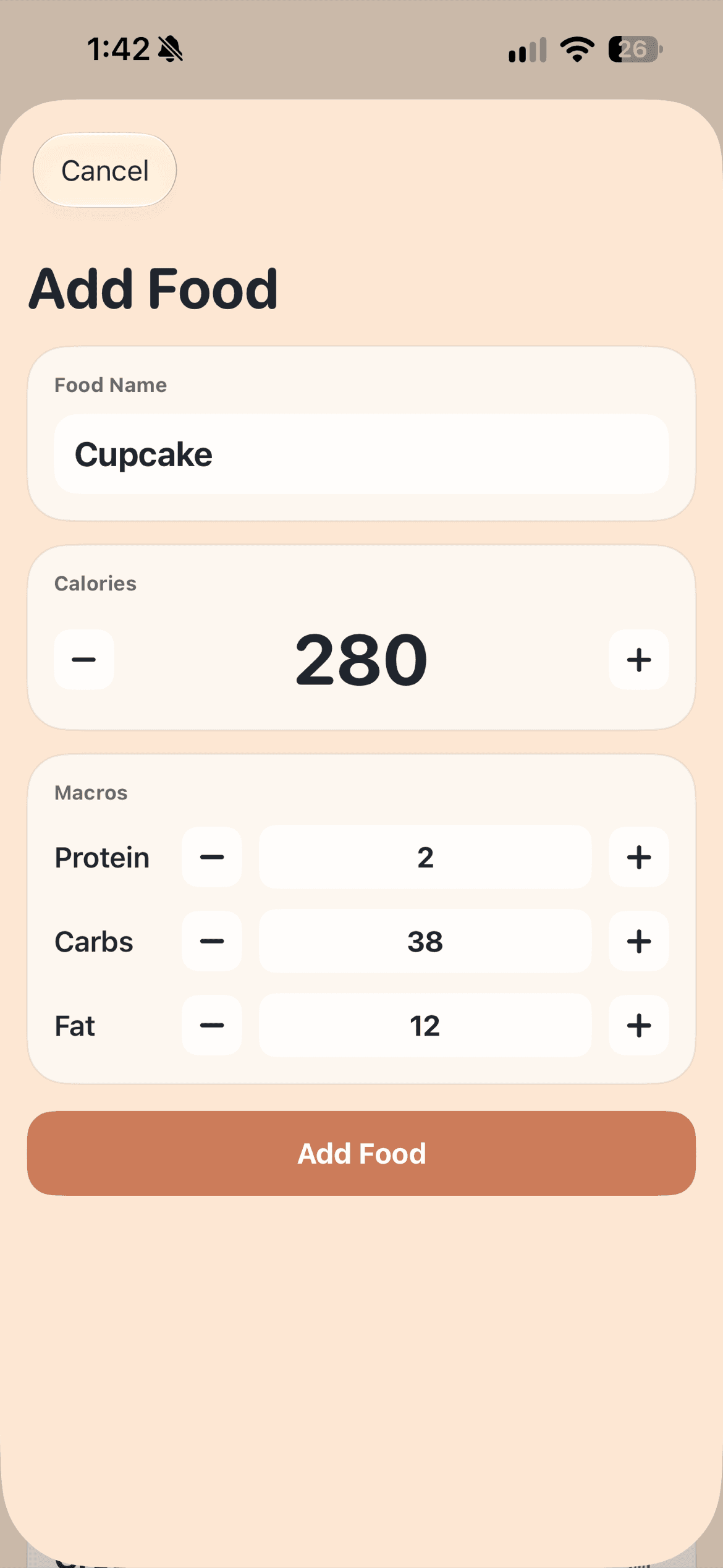 Manual food entry screen for calories and macros