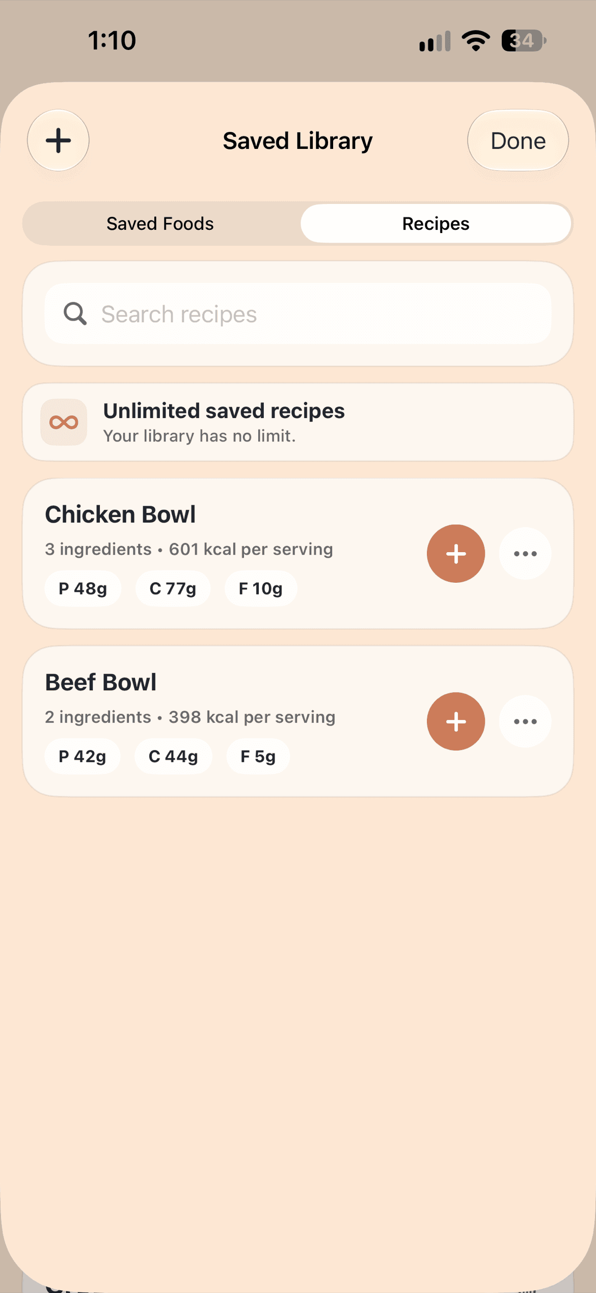Recipes library showing a saved meal