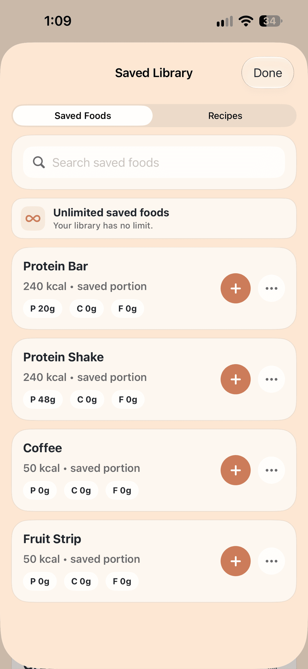 Saved Foods library showing everyday meals