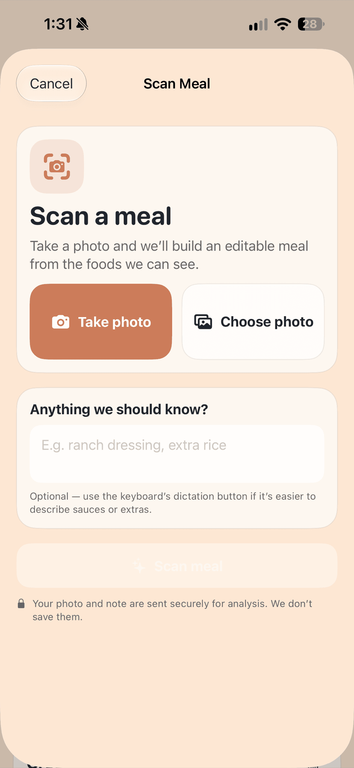 AI meal scan screen with photo and photo-library options