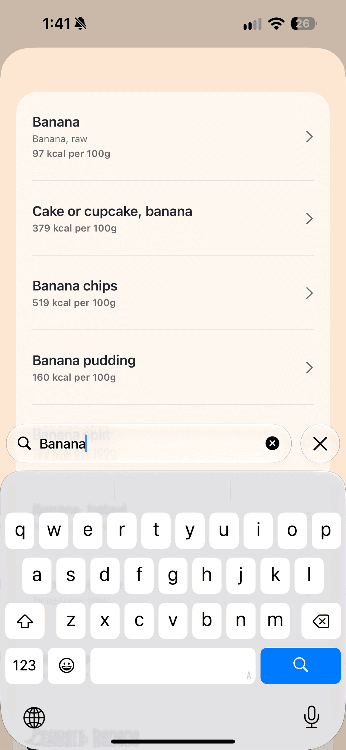 Search Foods screen with popular food suggestions