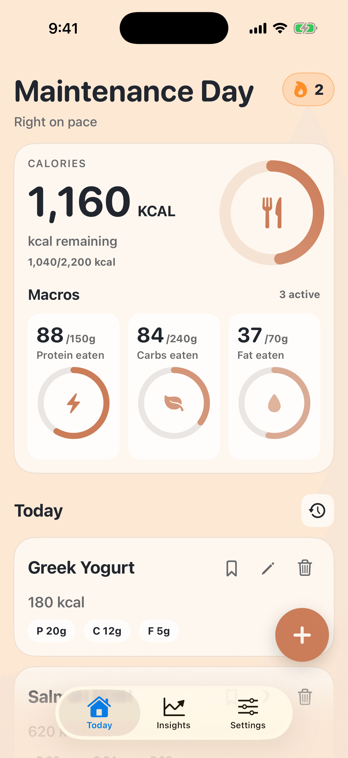 The Today screen showing calories, macro progress, and logged foods